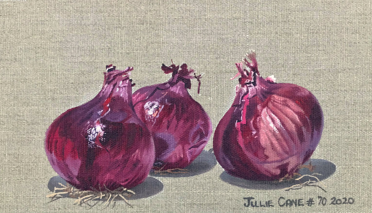 Oil Painting still life by Julie Cane of red onions