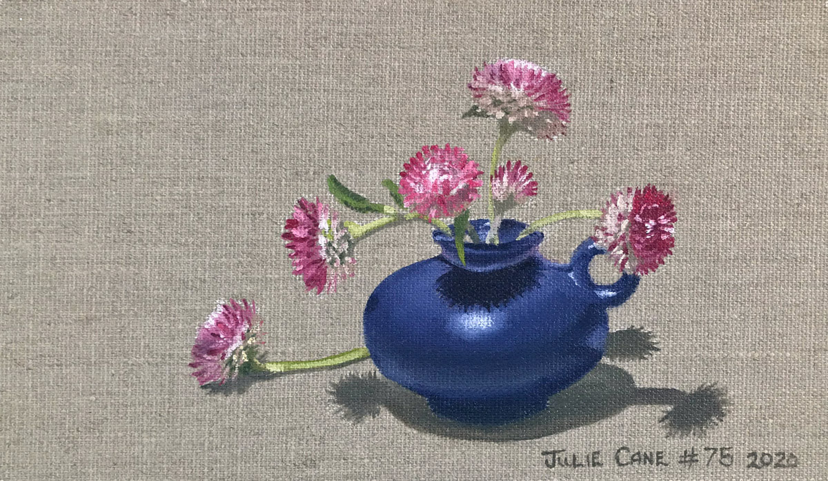 Oil Painting still life by Julie Cane of strawflowers in blue jug