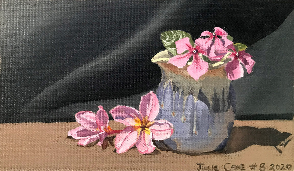 Oil Painting still life by Julie Cane Blue Vase and pink flowers