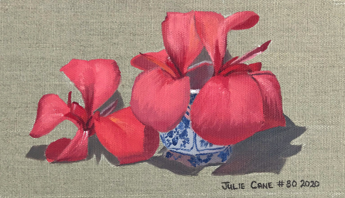 Oil Painting still life by Julie Cane of vase and Cana lily flowers