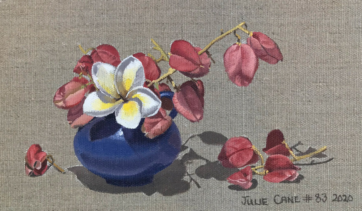 Oil Painting still life by Julie Cane of blue Jug and flowers