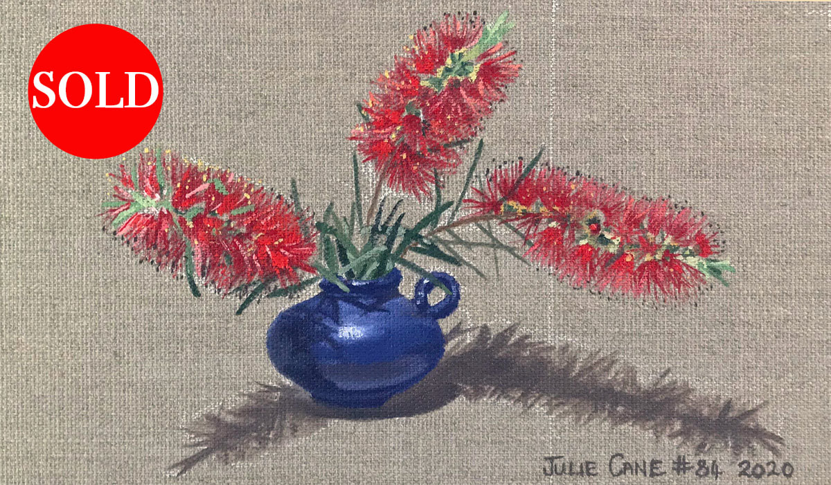Oil Painting still life by Julie Cane of Red Bottle Brush