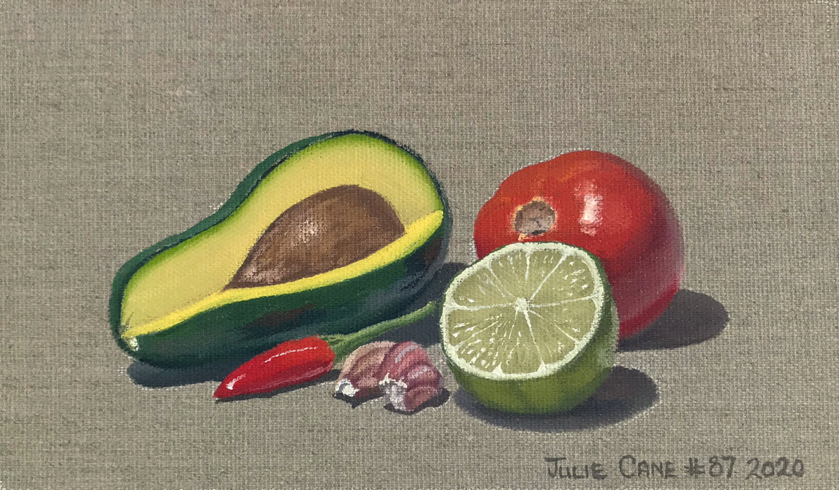 Oil Painting still life by Julie Cane of Guacamole ingredients