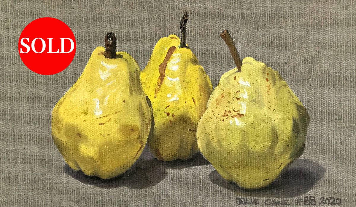 Oil Painting still life by Julie Cane of Williams Pears