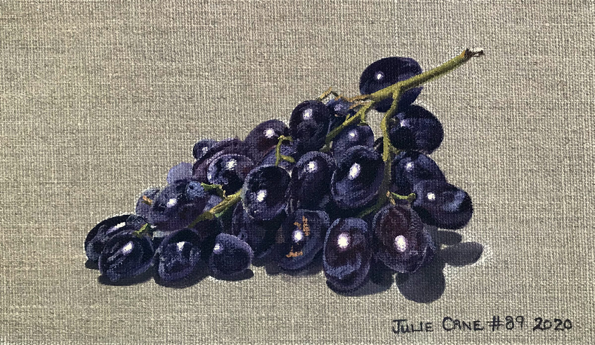 Oil Painting still life by Julie Cane of Black Grapes