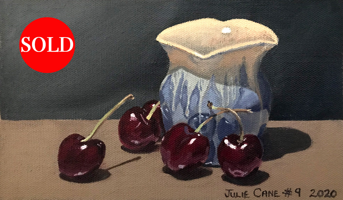Oil Painting still life by Julie Cane of blue vase and cherries