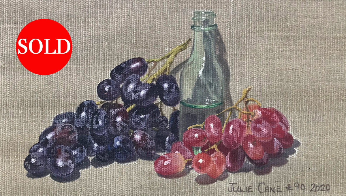 Oil Painting still life by Julie Cane of Bottle and Grapes
