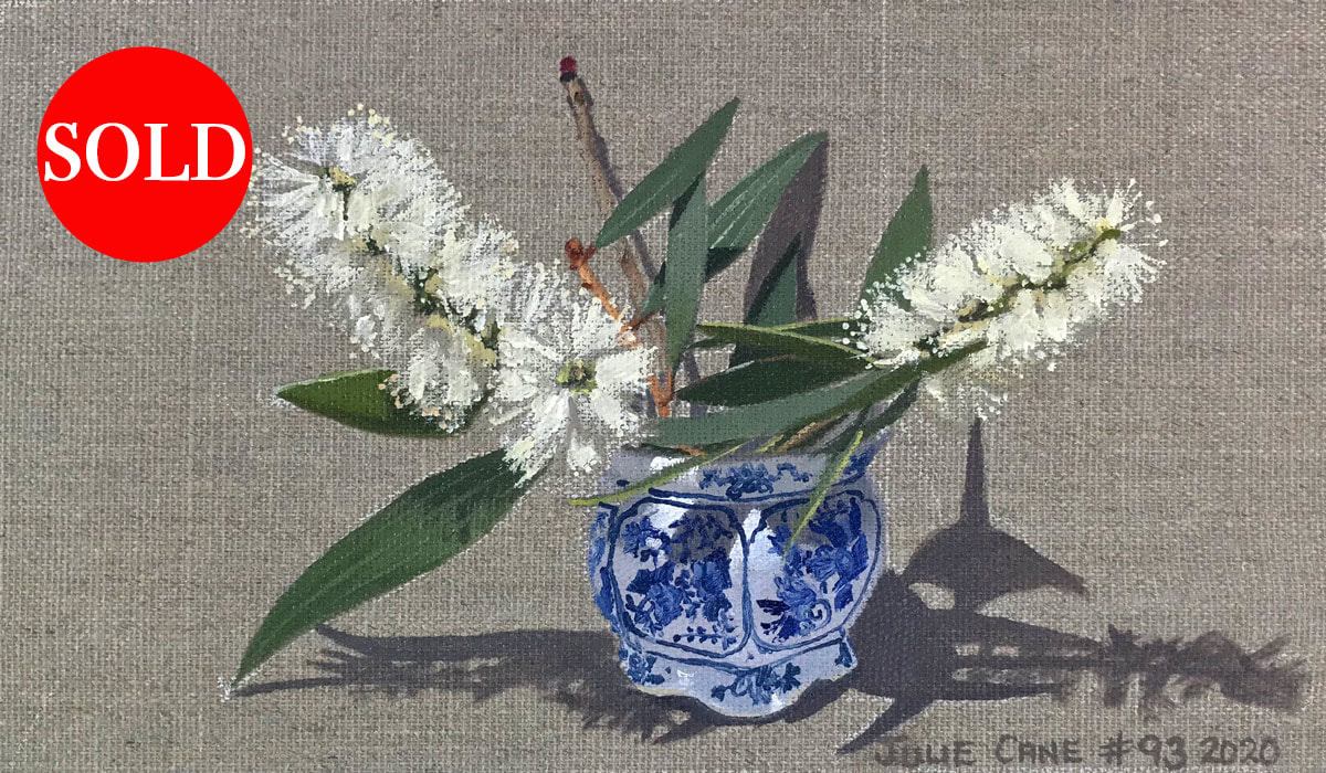Oil Painting still life by Julie Cane of paperbark flower in a blue and white vase