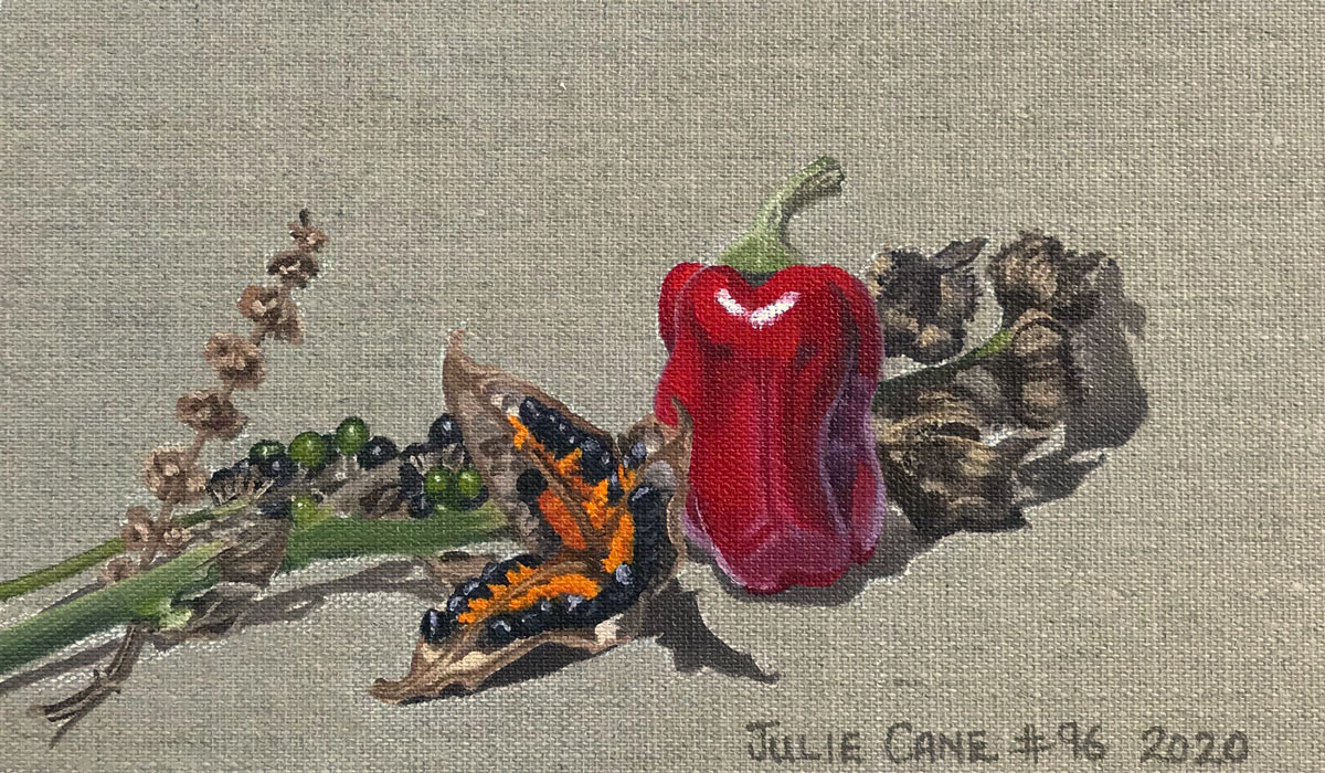 Oil Painting still life by Julie Cane of Seeds and fruits