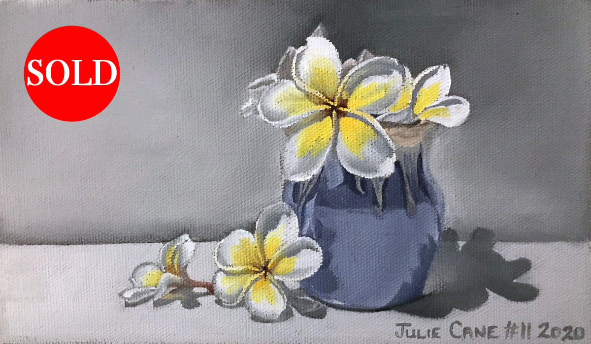 Oil Painting still life by Julie Cane of blue vase and frangipani flowers
