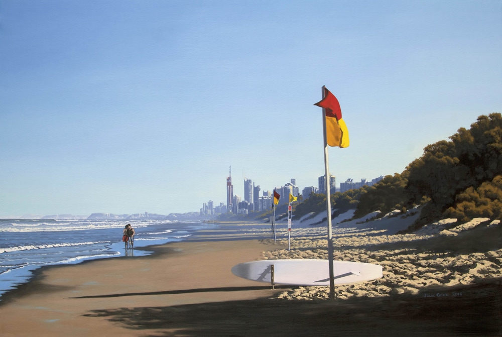Beach Scene, Main Beach Gold Coast, Evening, oil Painting, Australian artist,