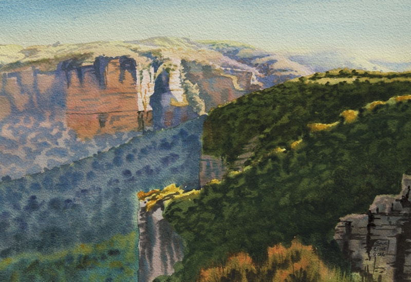 Blue mountains Dawn painting in watercolour Julie Cane