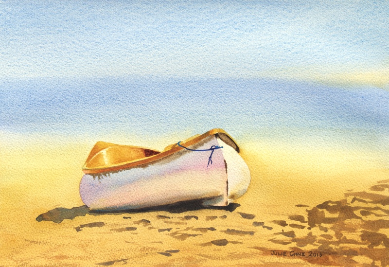 Canoe on beach watercolour painting Julie Cane