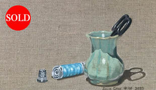Oil Painting still life by Julie Cane of Haberdashery items