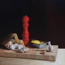 Red paper pot and mushrooms oil painting by Julie Cane Australian Artist
