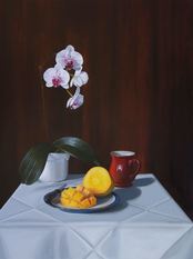 Orchis and Mango still life oil painting by Julie Cane Australian Artist