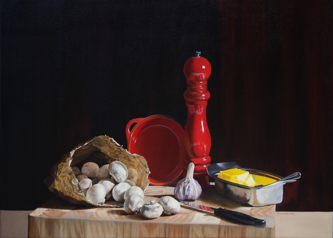 Red pepper pot and tapas plate with mushrooms oil painting by Julie Cane Australian Artist